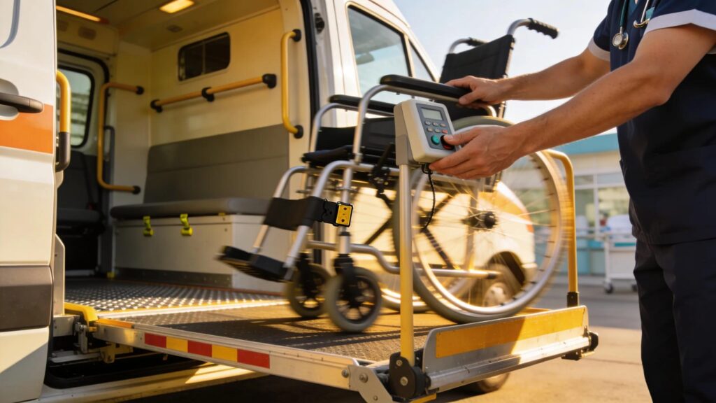 Driver operating an ADA-compliant wheelchair lift inside a medical transport vehicle