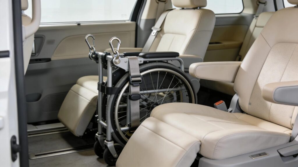 Interior of a wheelchair-accessible van showing safety features and seating for passengers with mobility needs