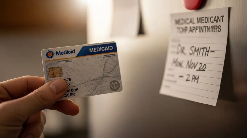 Close-up of a hand holding a Medicaid card with a medical appointment reminder in a cozy home setting