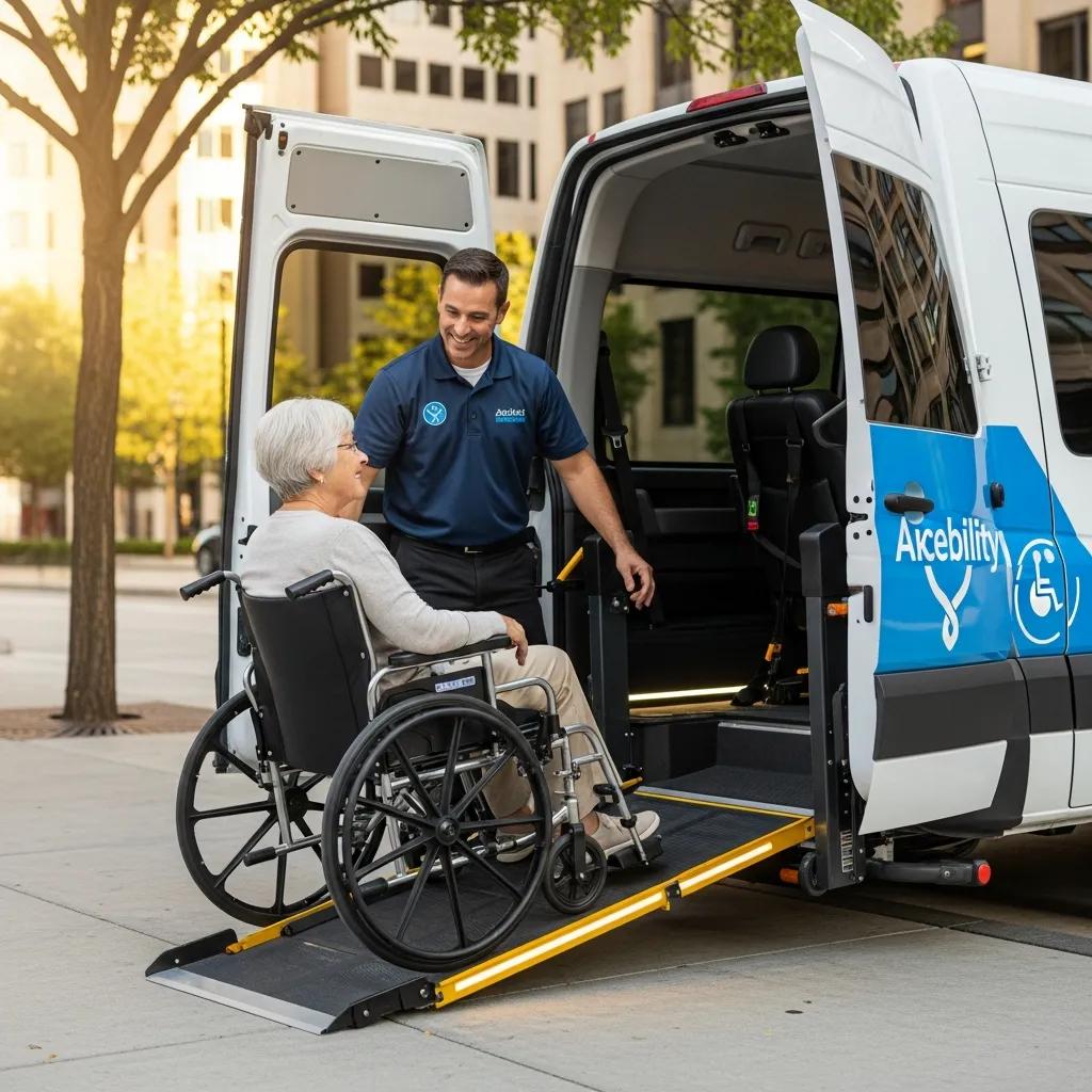 Driver assisting a wheelchair user into a non-emergency medical transportation vehicle