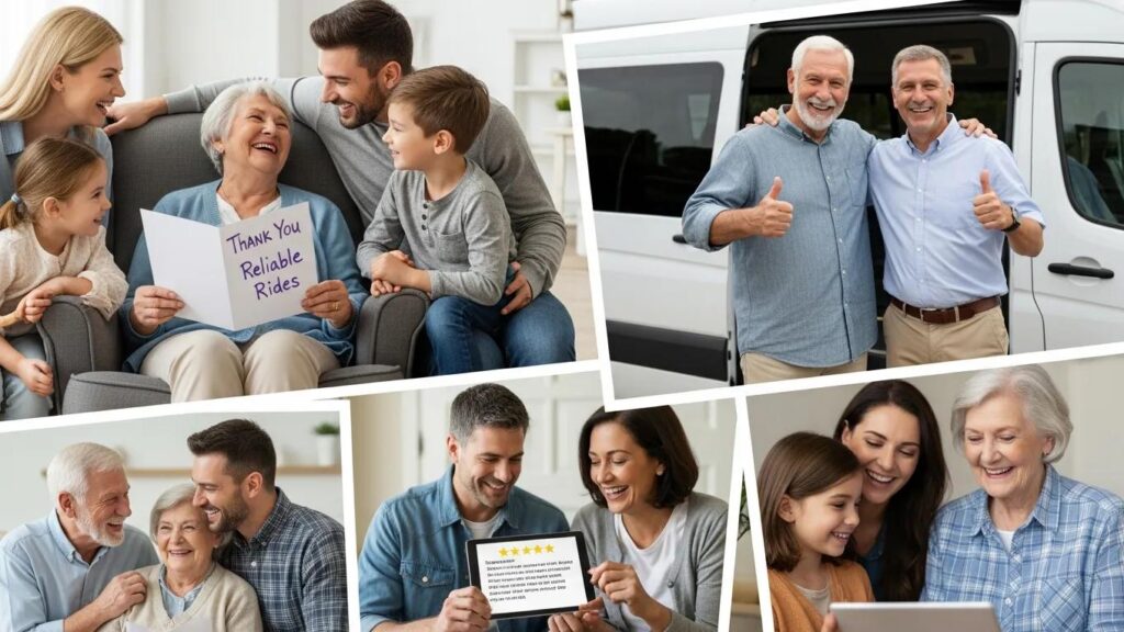 Happy seniors and families sharing positive experiences about medical transportation services