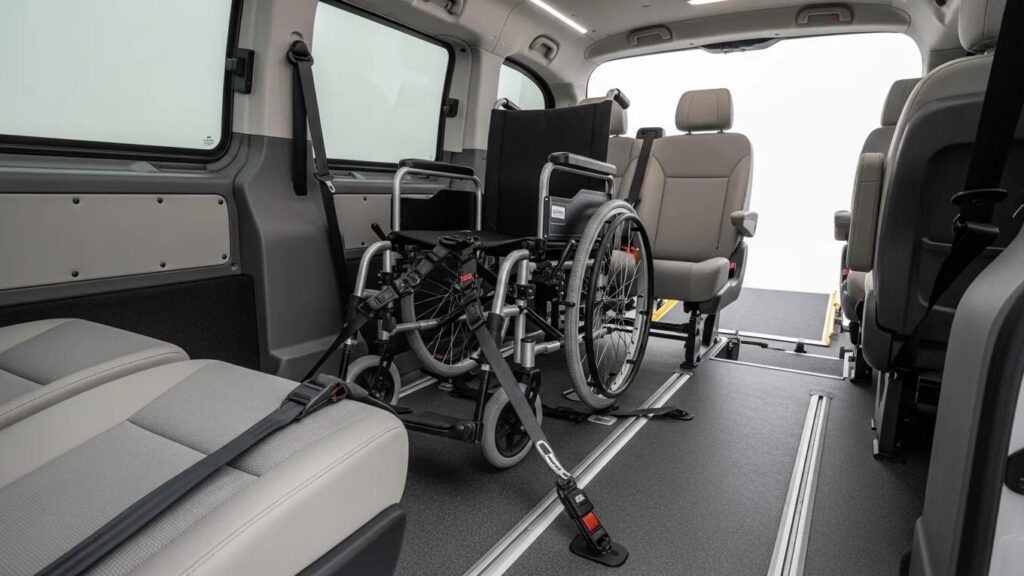 Interior of a wheelchair-accessible van showing secure tie-down systems and spacious seating