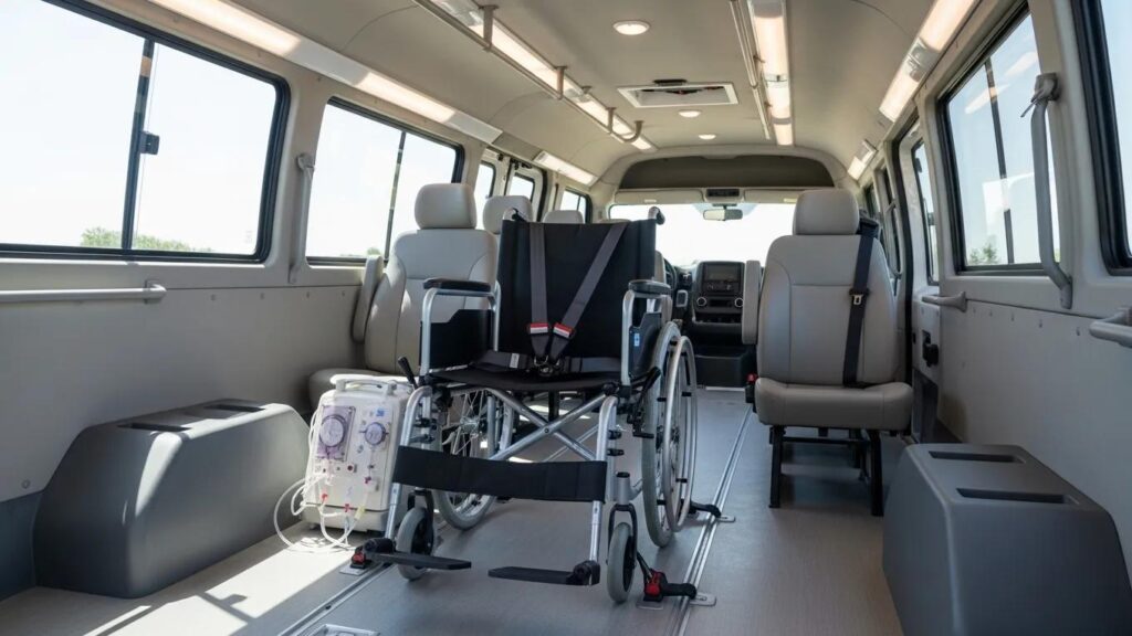 Interior of a wheelchair-accessible vehicle highlighting safety features for dialysis patients
