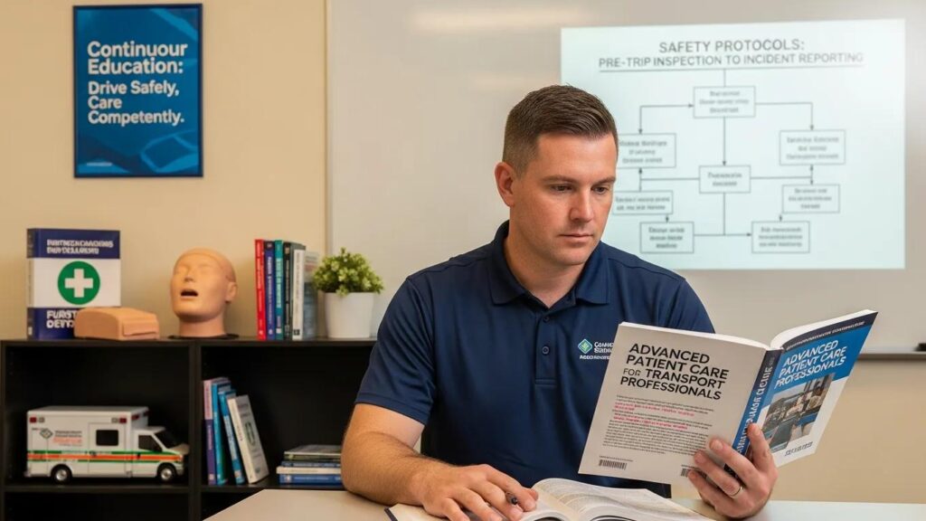 Professional driver in training, highlighting the importance of qualifications and safety protocols in medical transportation