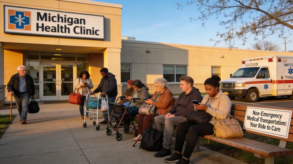 Group of diverse patients waiting for NEMT pickup outside a medical center in Michigan