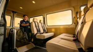 Interior of a wheelchair-accessible van showing securements and seating
