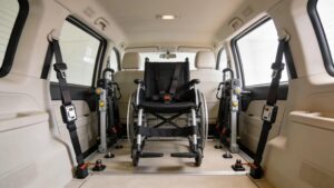 Interior view of wheelchair-accessible vehicle showing secure tie-down systems