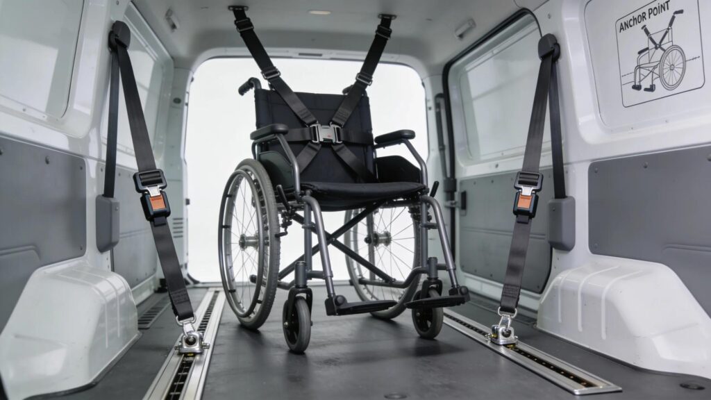 Interior of wheelchair-accessible vehicle showing tie-down systems and safety features