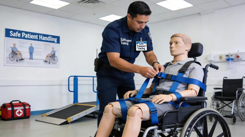 Professional driver in training on safe passenger handling and wheelchair securement